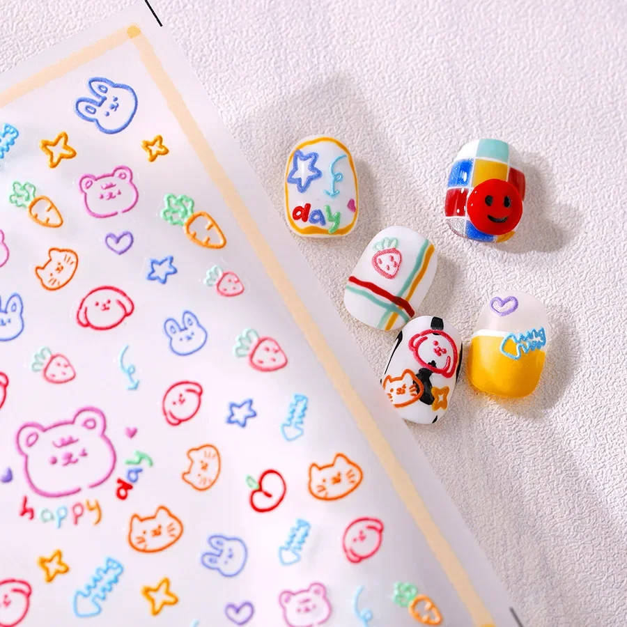 Lovely Colored Graffiti Bear Rabbit Cat Puppy Carrot Fishbone Stars 3D Flat Self Adhesive Nail Art Stickers Cute Manicure Decals 3