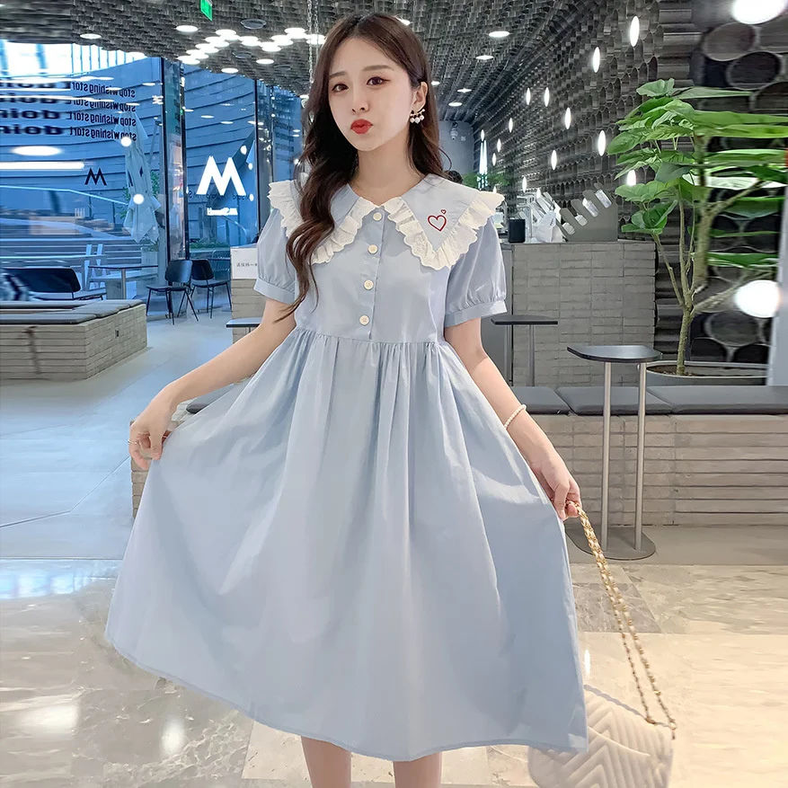

2022 Summer New School Style Small Fresh Color Contrast Doll Collar Loose Fat MM Short Sleeve Solid Cotton Linen Dress