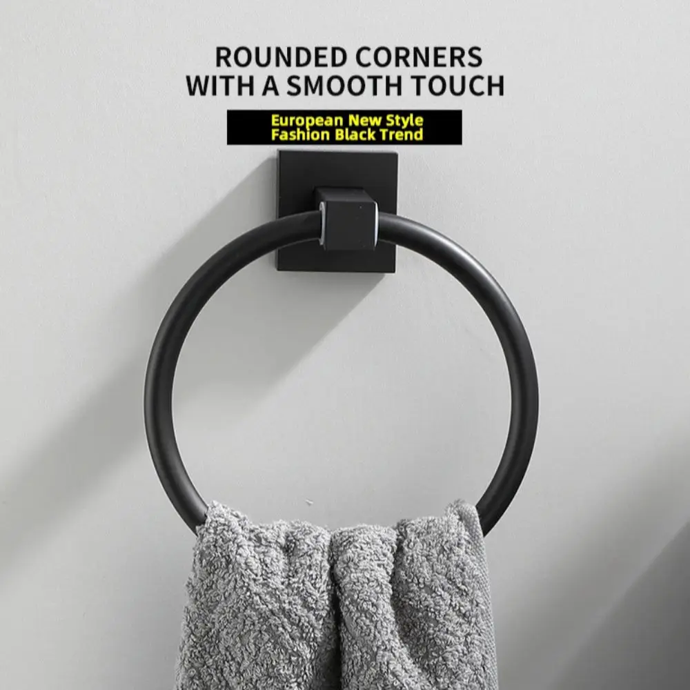 Black Stainless Steel Hand Towel Ring Square Base Wall Mounted Towel Racks Easy Installation Towel Holder Home