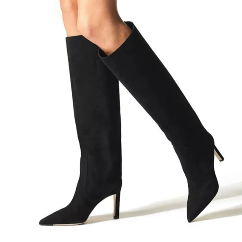 

Женские замшевые сапоги до колена, с острым носком, на тонком каблуке