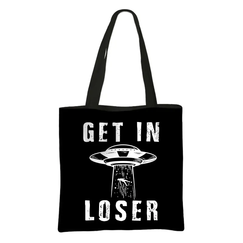 thumbnail image 1 of Bolso de mano con estampado divertido de ovnis alienígenas para mujer, bolso de mano de moda de gran capacidad, bolsos de hombro de estilo hip hop, bolso de compras reutilizable para mujer, regalo, 1 of 5