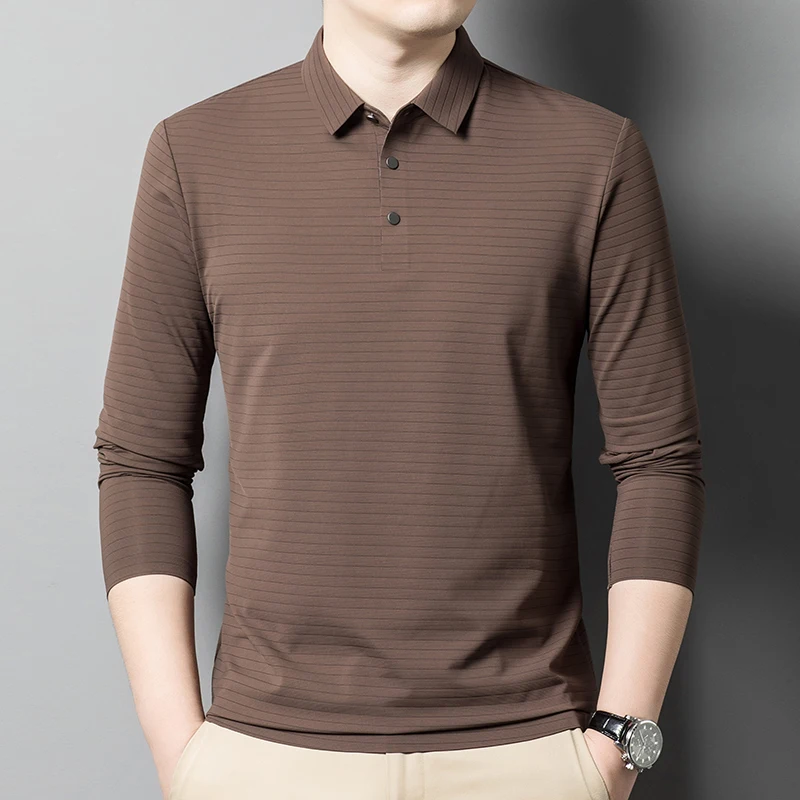New Men's High Elastic Vertical Strip Long Sleeve POLO Shirt Slim Knit Bottom Shirt Polo Shirt
