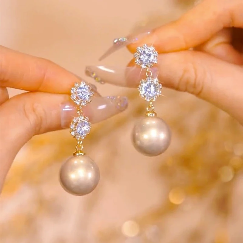 

New French Shiny Double Zircon Snowflake Pearl Tassel Pendant Stud Earrings for Women Elegant Temperament Ladies Wedding Jewelry