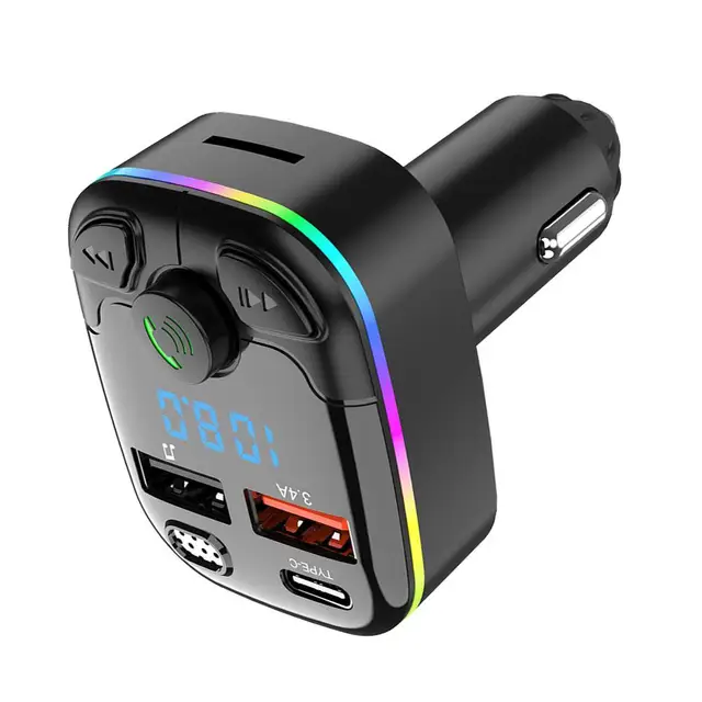 Bluetooth 5.0 Car FM Transmitter PD Type-C Dual USB Ambient Player MP3 Charger Type-C Wireless Light 18W Handsfree PD QC3.0 Y3Z4 5