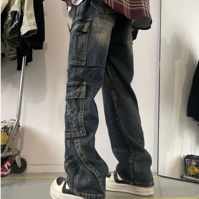 Men's Patchwork Blue Cargo Jeans Unisex Straight Casual Trousers Men Muti-pockets Hip Hop Streetwear 90s Vintage Fashion Pants 2