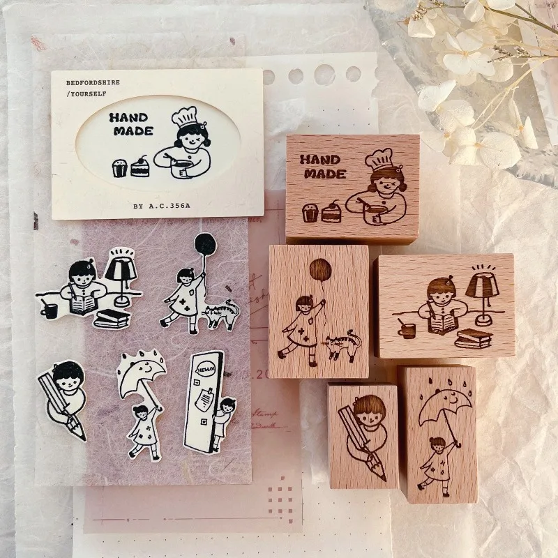 사랑스러운 손으로 만든 소녀 축구 고양이 나무 고무 스탬프 DIY 스크랩북 사진 앨범 카드 만들기 나무 도장