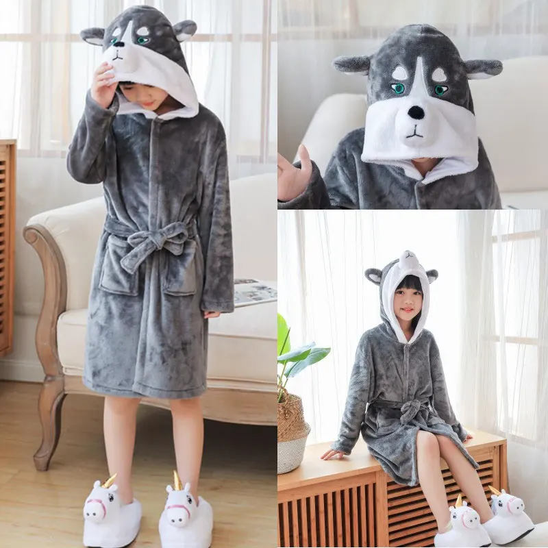 New Winter Bathrobe for Children Girls Flannel Warm Nightgown Robe Unicorn Star Hooded Dressing Gown Baby Boys Pajamas Bath Robe