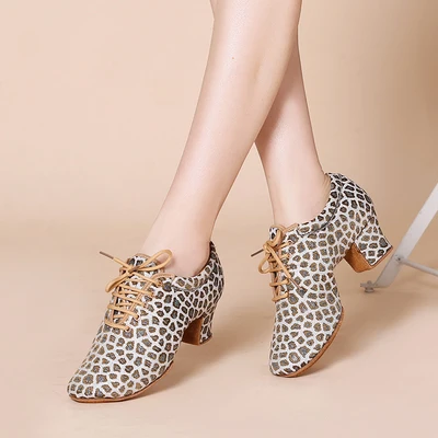 Latin Dance Shoes Female Adult High-heeled Square Social Dance Shoes Indoor Sports Breathable Shoes Cloth Leopard Print