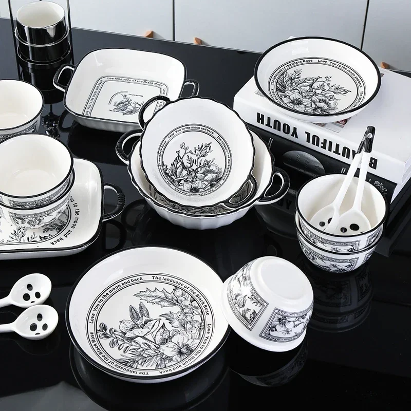 European Ceramic Plate Set Retro Flower Painting Decor Fruit Salad Plates Creative Wedding Center Dinner Set Plates and Dishes