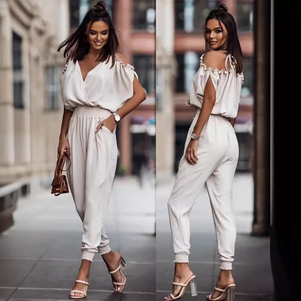 2024 Women's Pants V-neck Pocket Romper Elasticated Waist Casual Pants Jumpsuits for Women Woman Clothing POLYESTER