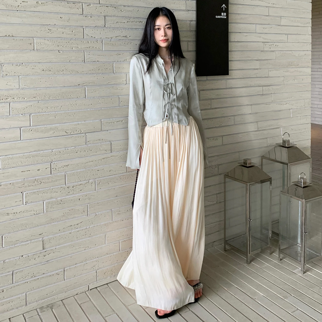 fagadoer casual drawstring design two piece sets wome round neck long sleeve top and legging pants tracksuit female 2pcs outfits Acetate Glossy Wide Leg Pants 2024 New Spring Summer Loose Skirt Pants for Wome Slimming Elastic Waist Drape Long Pants Trousers