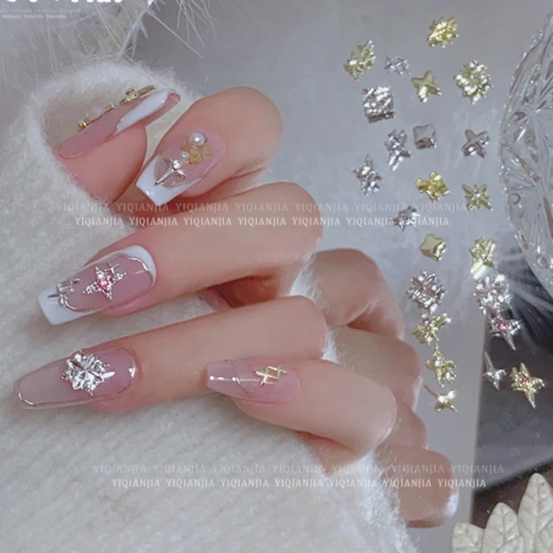 10Pcs Diamond Stars Nail Art Charms 3D Gold Silver Cross Star Gems