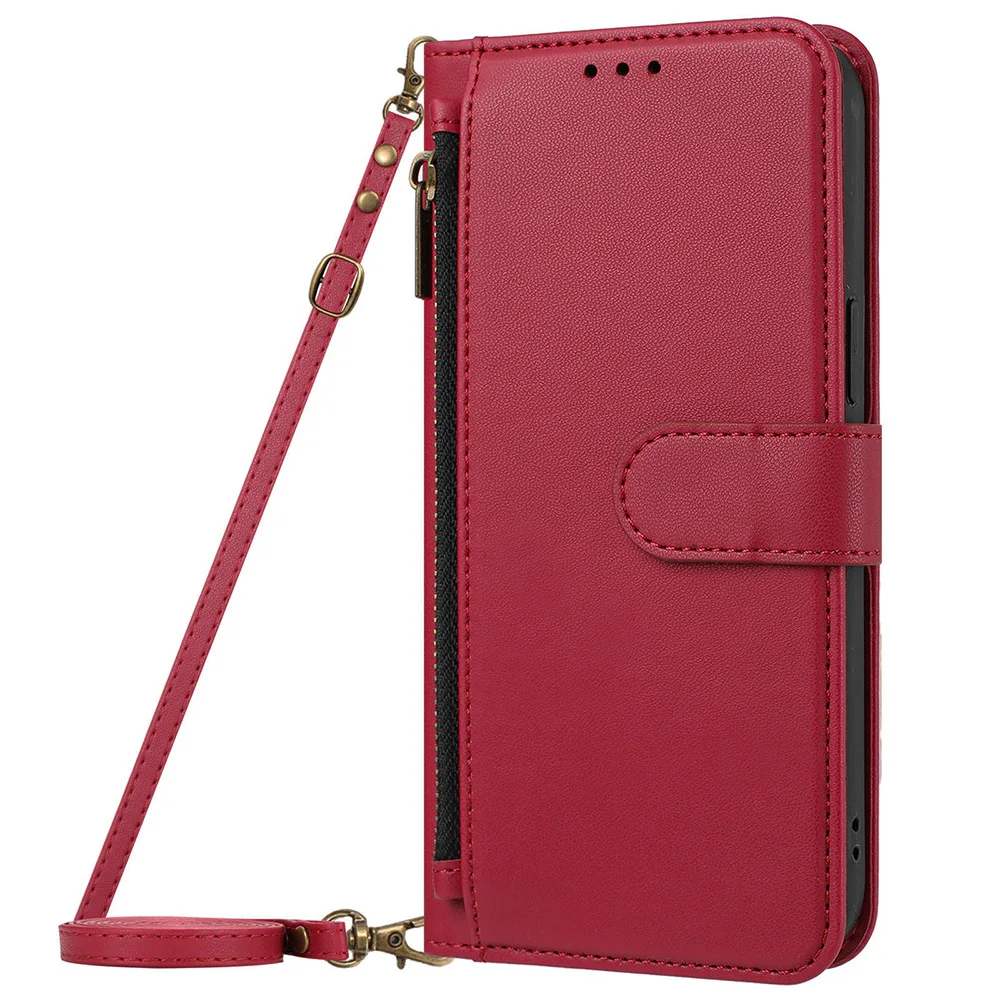 Leather Wallet Crossbody Phone Case with Lanyard Strap and Zipper