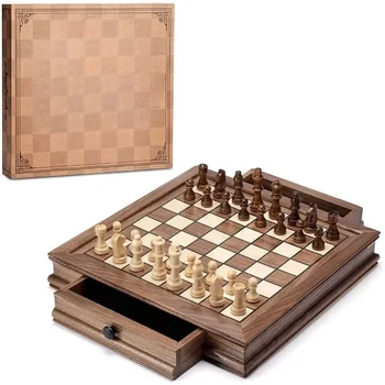 Magnetic Wooden Chess Set, 12.8" x 12.8" Walnut Chess Board Game with 2 Built-in Storage Drawers - 2 Bonus Extra Queens - Chess