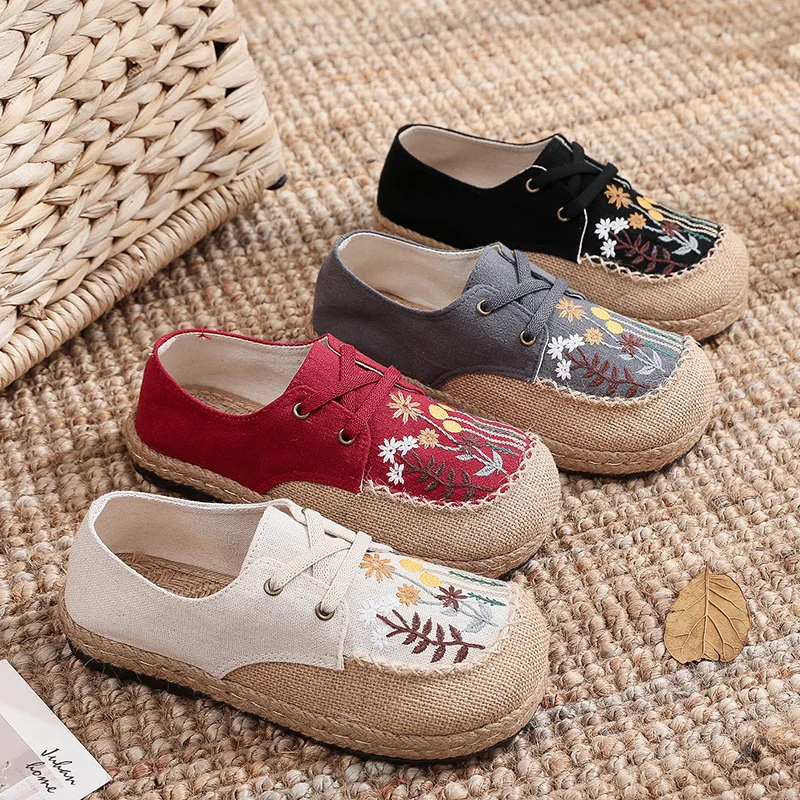 

2022 New Ethnic Style Women's Shoes Dandelion Embroidered Linen Shoes Tendon Bottom Hand-stitched Lace-up Shoes Zapatos De Mujer