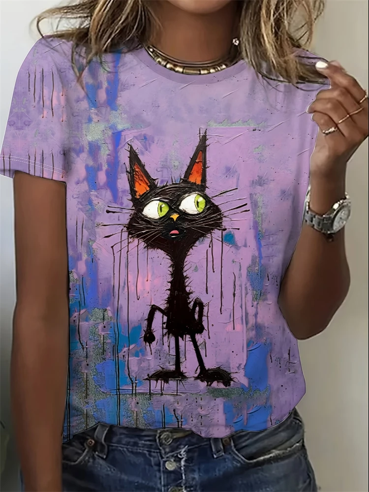 Sommer Casual frauen T Shirt Cartoon Nette Katze Gedruckt O Hals Kurzarm frauen Outdoor Lose T-shirt Tops Elegante kleidung – Detail 2