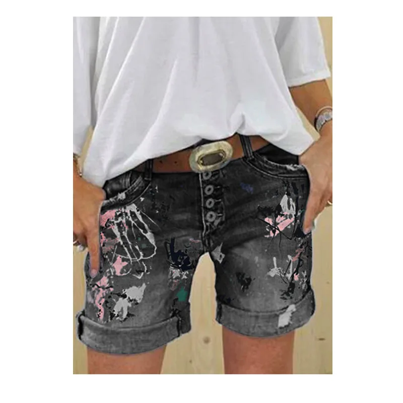 

2022 Female Flower Casual Bottoms Harajuku Vintage Streetwears Summer New Plus Size Women's Denim Shorts Washed Printed Jeans
