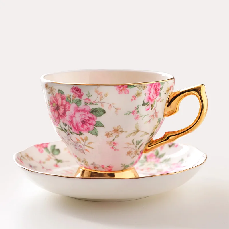 

British bone china afternoon tea coffee cup and saucer set European small luxury elegant flower tea cup with ceramic gifts