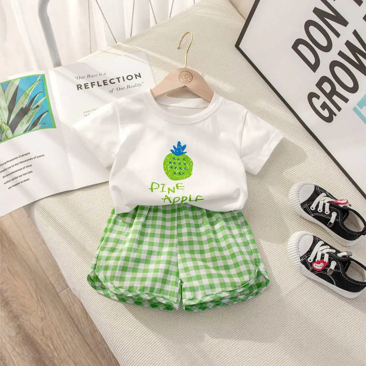 Red Apple Short Sleeved Suits Summer Baby Girls Clothes Kids 2 Piece Set Cotton Toddler Plaid Shorts Set Clothing 9m-4y kids clothes set two piece set baby girl clothing set shorts suit