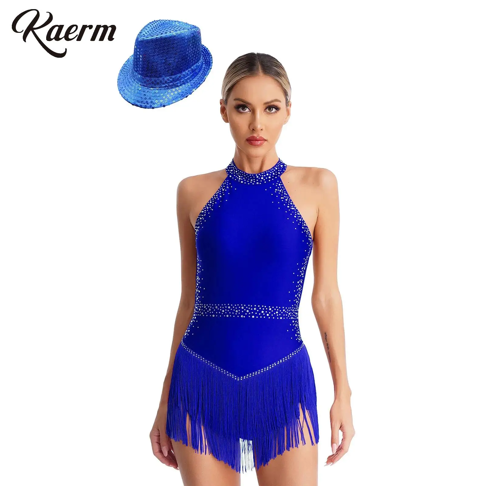 

Womens Latin Dance Skirt Tassel Leotard Bodysuit Rhinestones Halter Sleeveless Backless with Sequin Jazz Hat for Tango Salsa