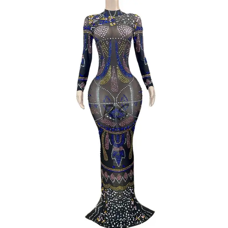 

New Sparkly Colorful Rhinestones Long Women Evening Wedding Birthday Dress Sexy Mesh Nightclub Party Outfit
