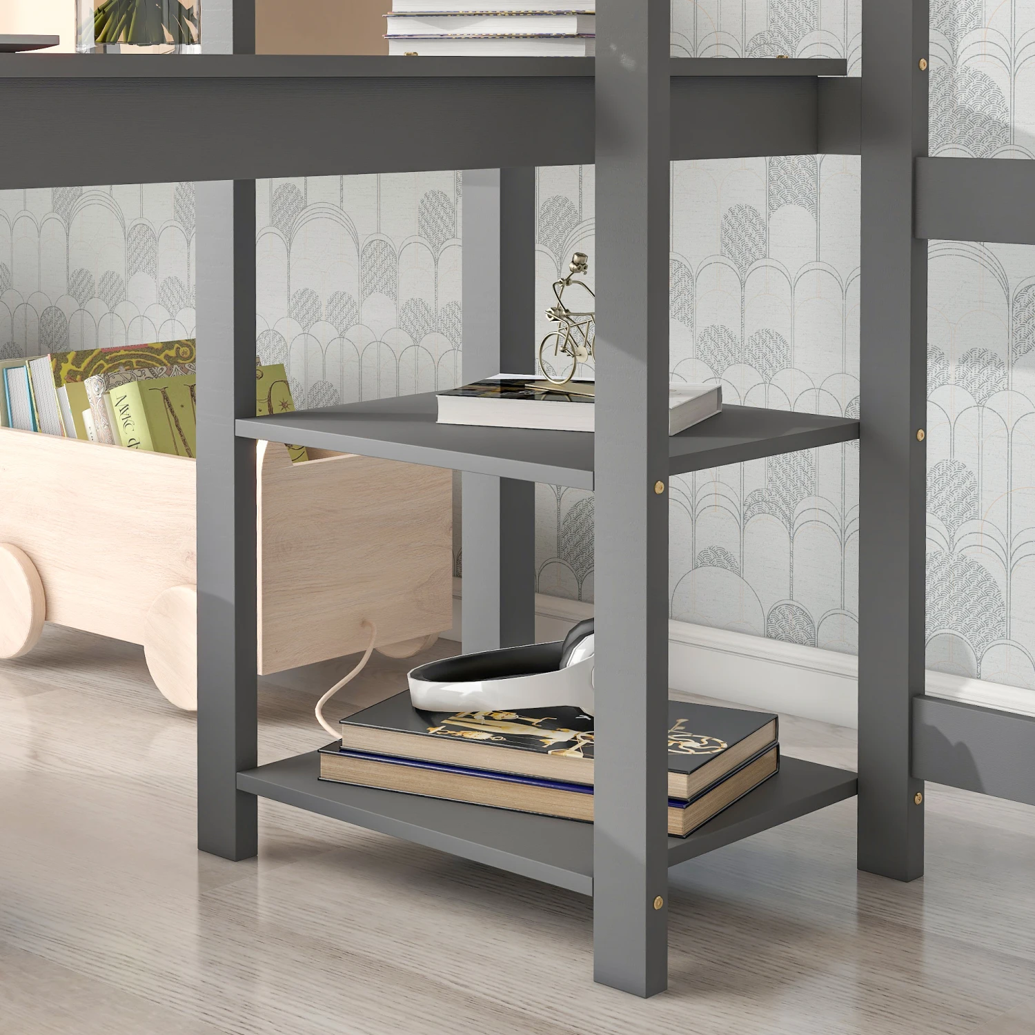 Full Loft Bed with Desk ,Shelves and Ladder, Grey 6