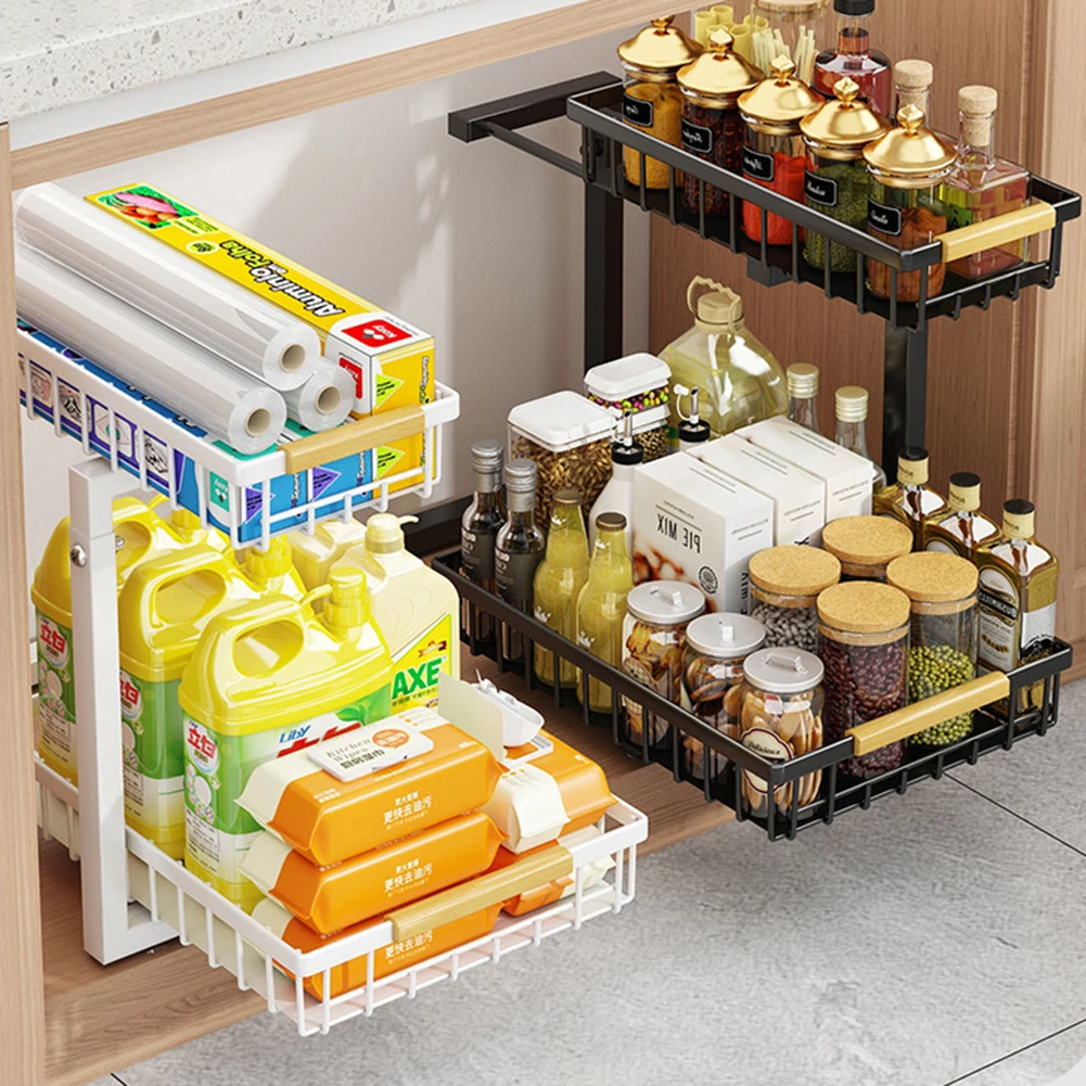 2-stufiger Aufbewahrungsorganisator unter der Spüle, Schiebeschrank, Korb, Aufbewahrungsregal, herausziehbares Schubladenregal für Badezimmer, Küche, Organizer – Detail 12