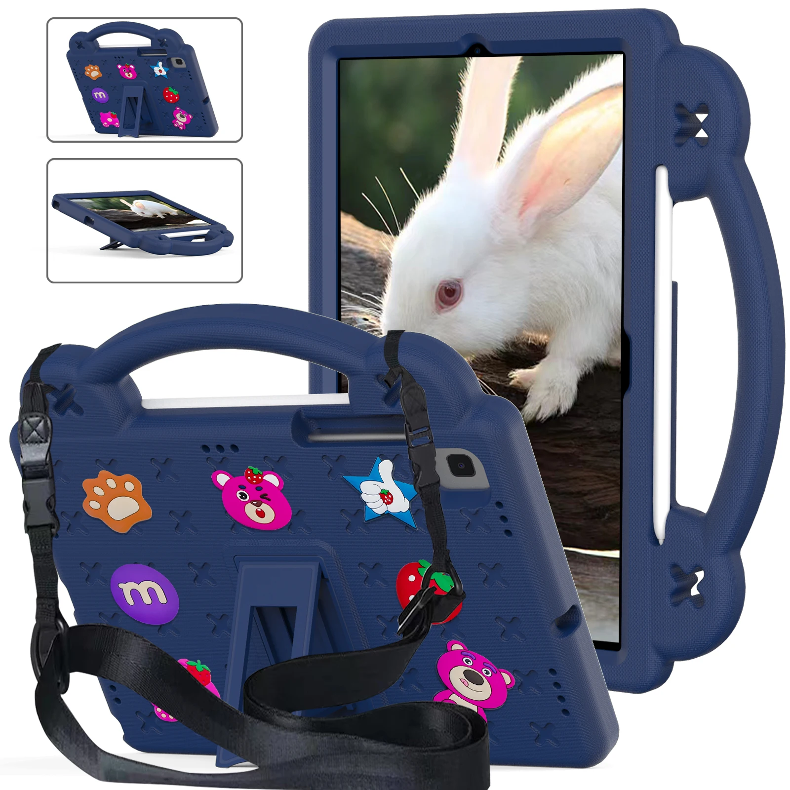 Kids Cartoon Bear Shockproof Tablet Case with Shoulder Strap - EVA Material