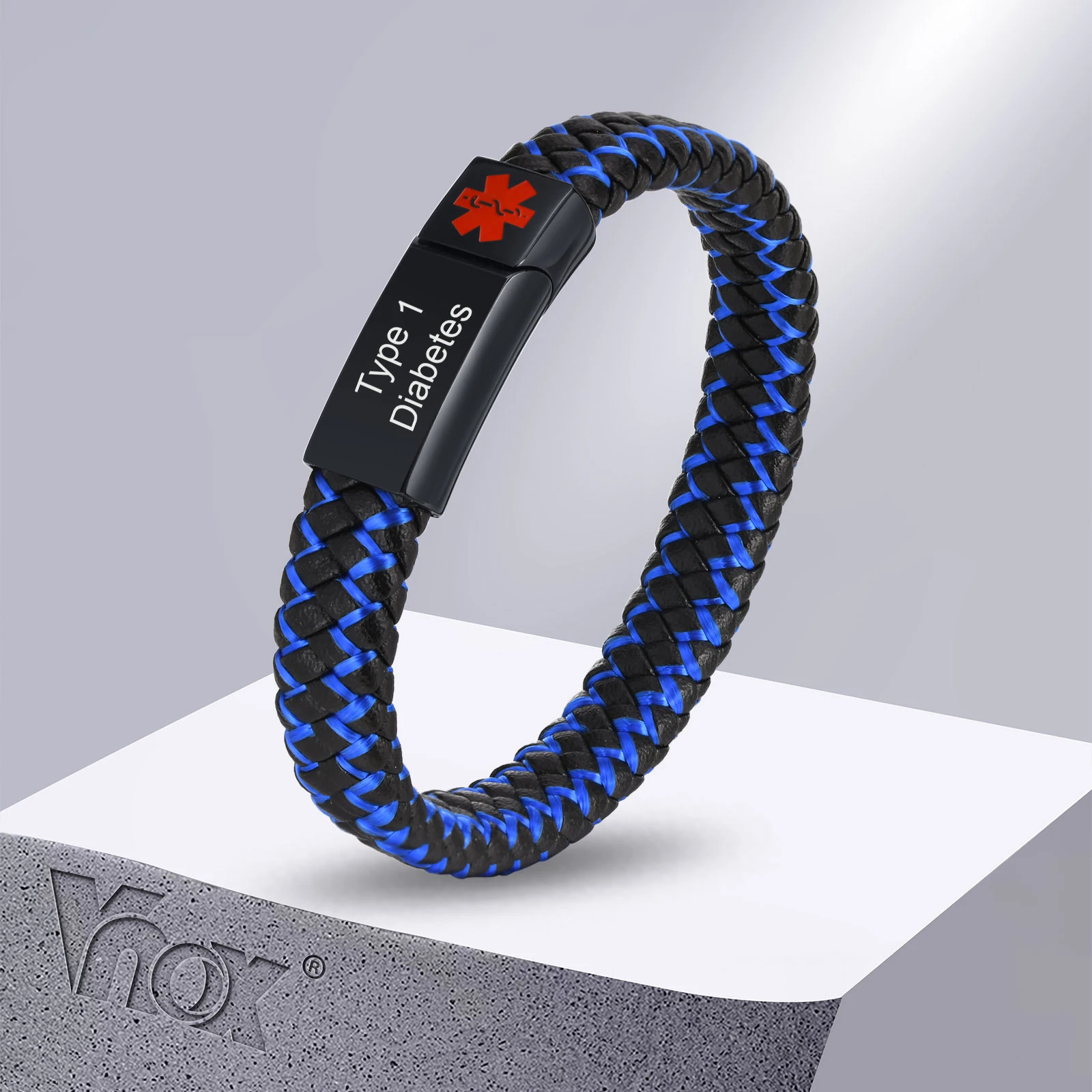 Vnox Men Stylish Blue Braided Leather Bracelets with Free Custom Medical Alert ID Cuff Wristband