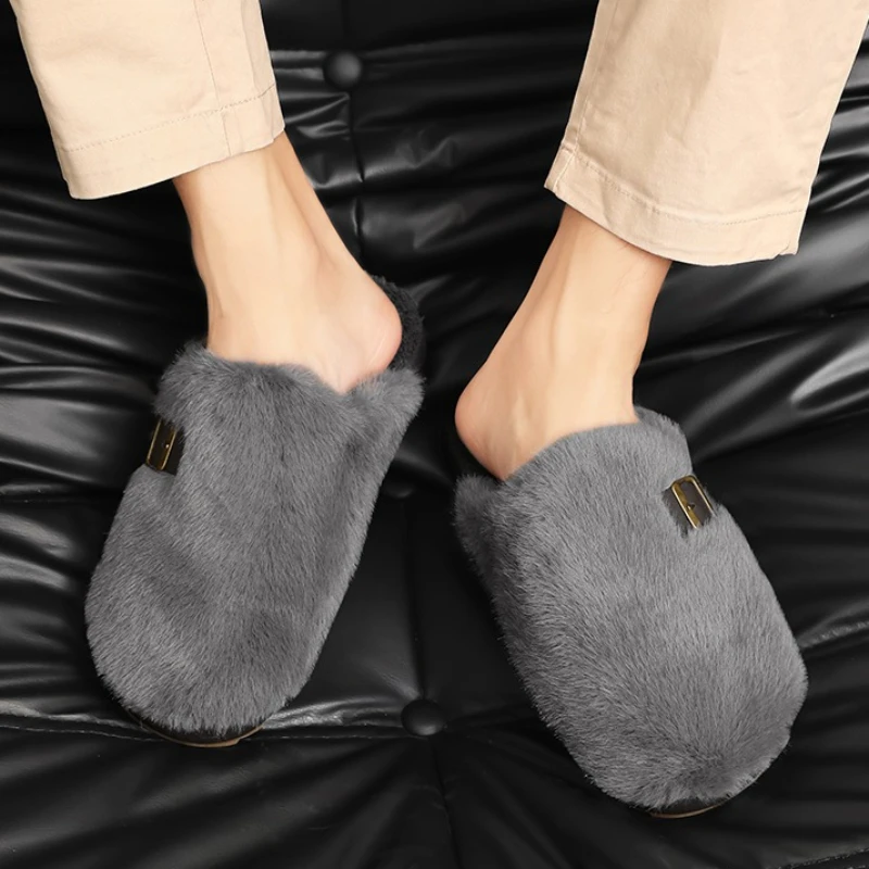 New Large-sized Over-fleece Comfortable High-quality Warm Short-fleece Solid Color Flat Cotton Slippers for Autumn and Winter