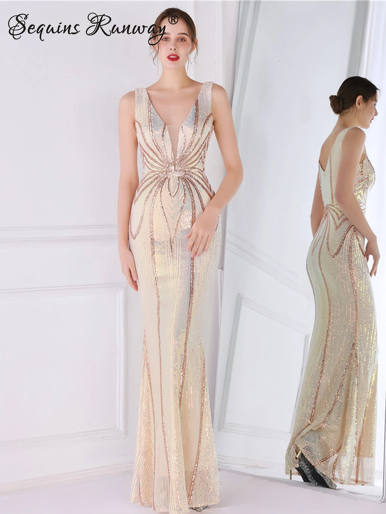 فستان صيفي نسائي مثير أسود أبيض طويل مزين بالترتر...