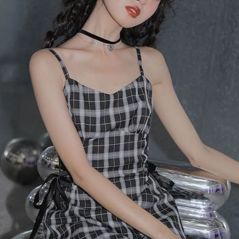 Spring Autumn New Fashion Japanese Girls Checkered Swimsuit High Waist Conservative Student Covering Belly Clothing Women Suit