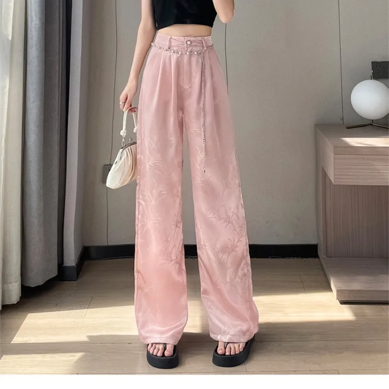 Spring Autumn Women's Button Zipper High Waist Solid Chiffon Printed Geometric Shaped Wide Legs Casual Trousers Elegant Pants
