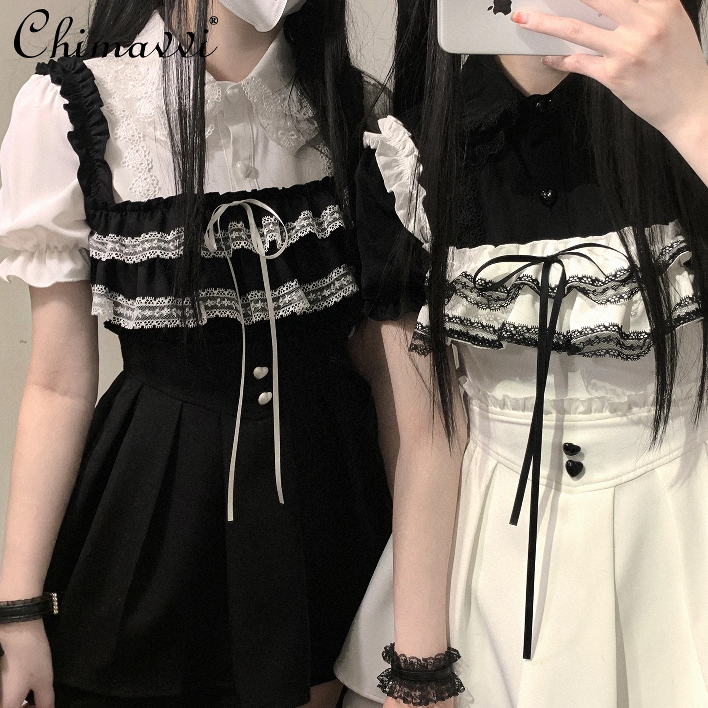 

Japanese Style Sweet Casual Shirt Lace Hollow Out Short Sleeve Blouse Summer Women's Top Fashion Blusas Femininas Elegantes