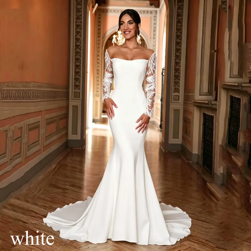 Boho Lace Appliques Mermaid Wedding Dresses Sexy Open Back Button Bridal Gowns Pleat Long Sleeves Sweep Train Vestido Customized