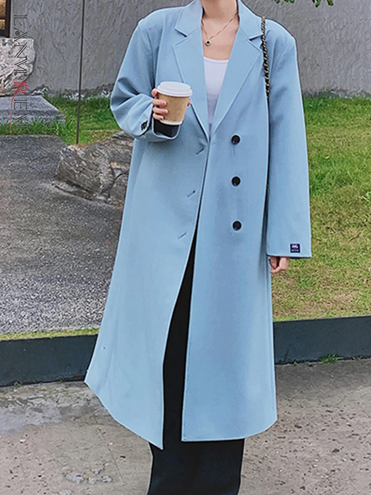 

LANMREM Office Lady Long Blazer Notched Collar Single Breasted Solid Color Women's Coat Fashion 2023 Autumn New Clothing 2AA2657