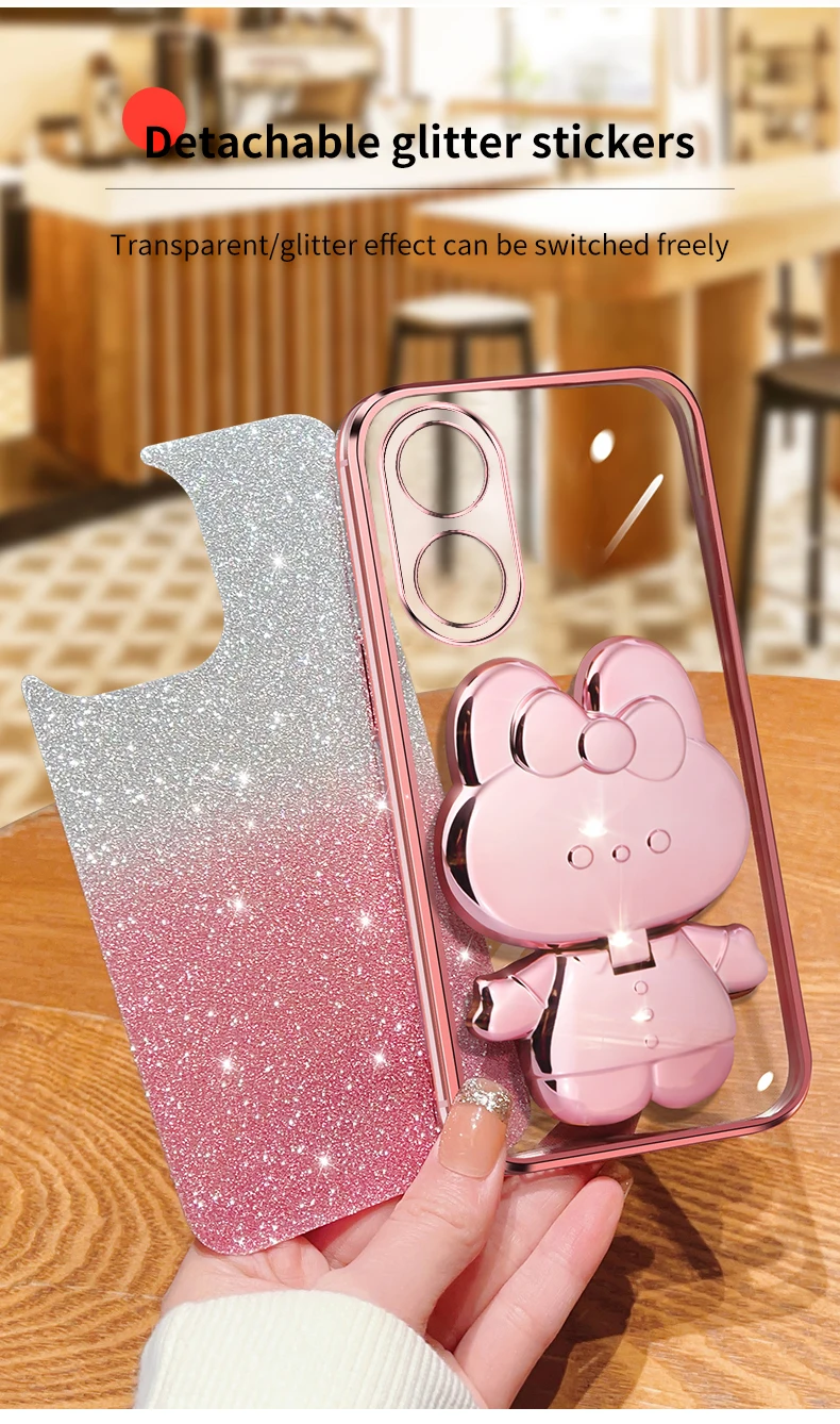Étui souple avec support de miroir de maquillage, lapin à paillettes, A55, pour Oppo A36, A76, A32, A31, A93, A73, A53, A55, A35, A15, A38A54, A52, A92, 4G, 5G_voghion.com