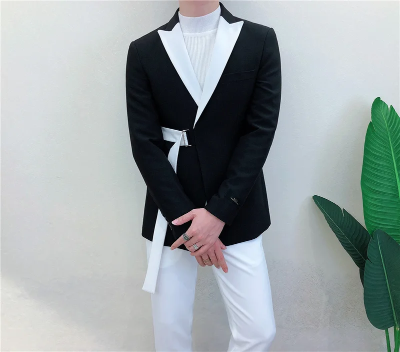 Masculino Ternos 2022 Spring Long Sleeve Belt Decoration Man Suit Korean Groom Men Suit Slim Fit Weave Bring Full Dress Suit Man blazer for men wedding