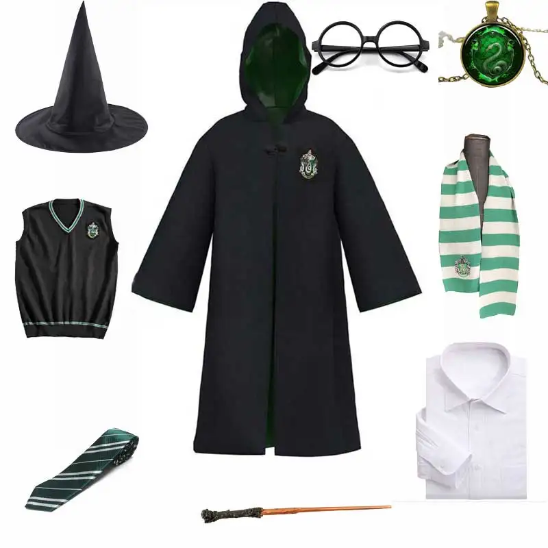 thumbnail image 1 of Uniforme escolar de bruja y mago para niños adultos, estilo Harris Potter, túnica, capa, bufanda, corbata, varita, collar, disfraz de Halloween, 1 of 4