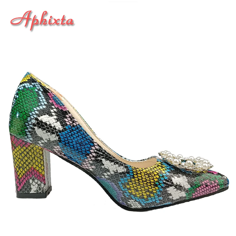 Aphixta 2025 New Pearl Buckle Pointed Toe 3.94 Inch Thin Heels Women Shoes Snake Prints Leather  Leisure Fashion Plus Size 46