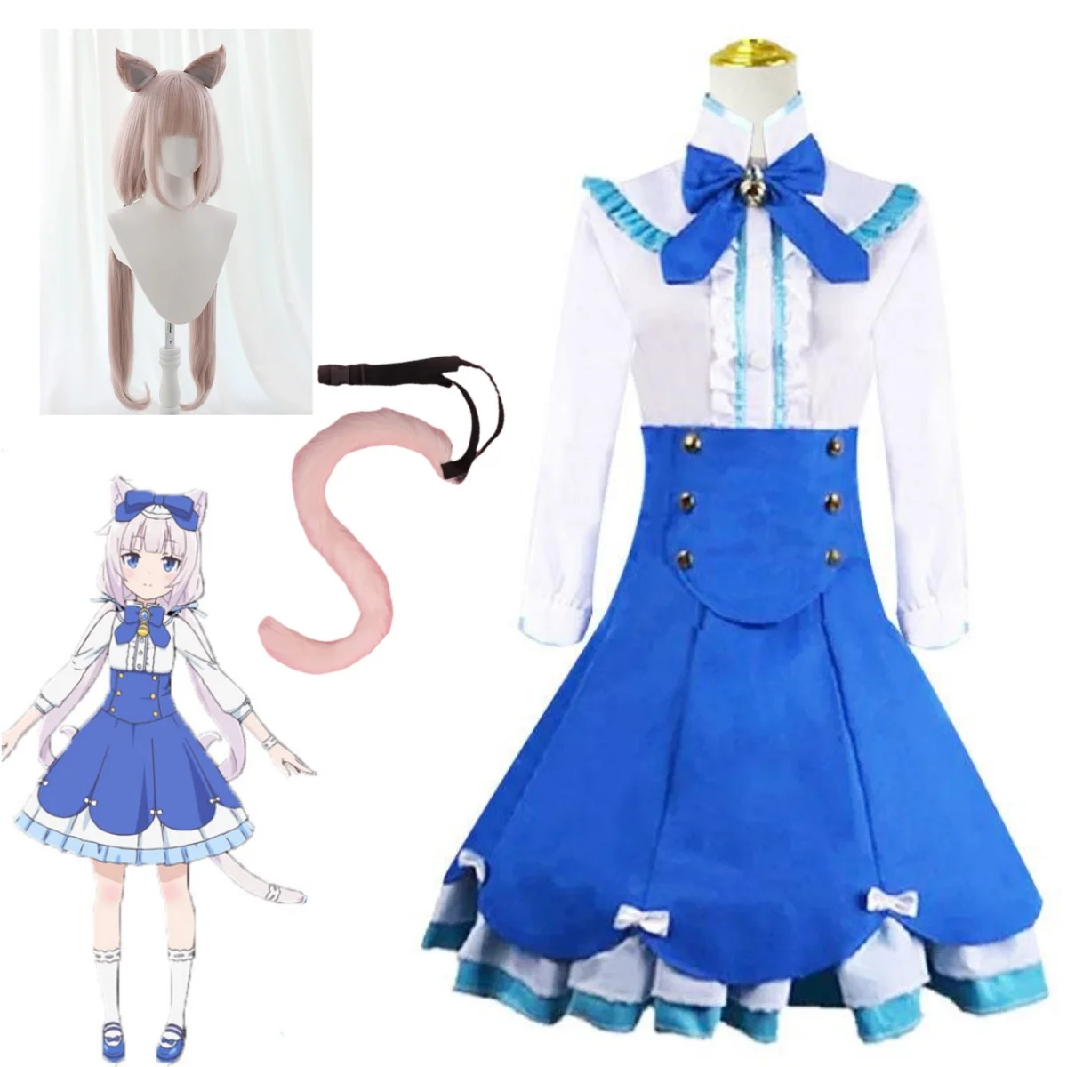 

Anime Nekopara Chocolate Vanilla Cosplay Costume Pink Wig Girls Women Lolita Cat Dress Sexy Uniform Halloween Party Blue Dress