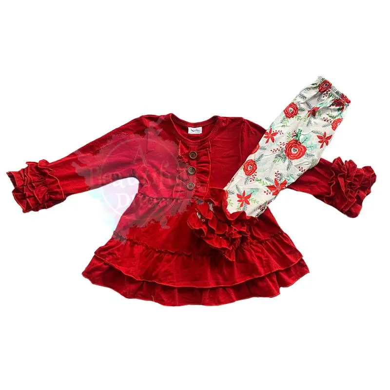 

Autumn Item New Design Baby Girl Clothes Flower Print Red Suit Red Ruffle Tunic and Pants Suit