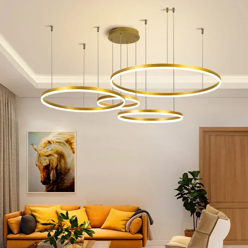 

Modern LED Circle Rings Chandeliers Home Indoor Living Dining Room Villa Decor Hanging Pendant Light Brushed Gold Black Lustre