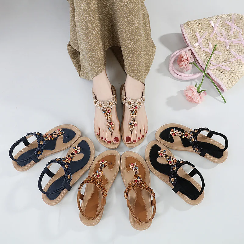 2024 Wholesale Summer New Rhinestone Flower Embroidered Line Flat Sandals Large Size Women Shoes