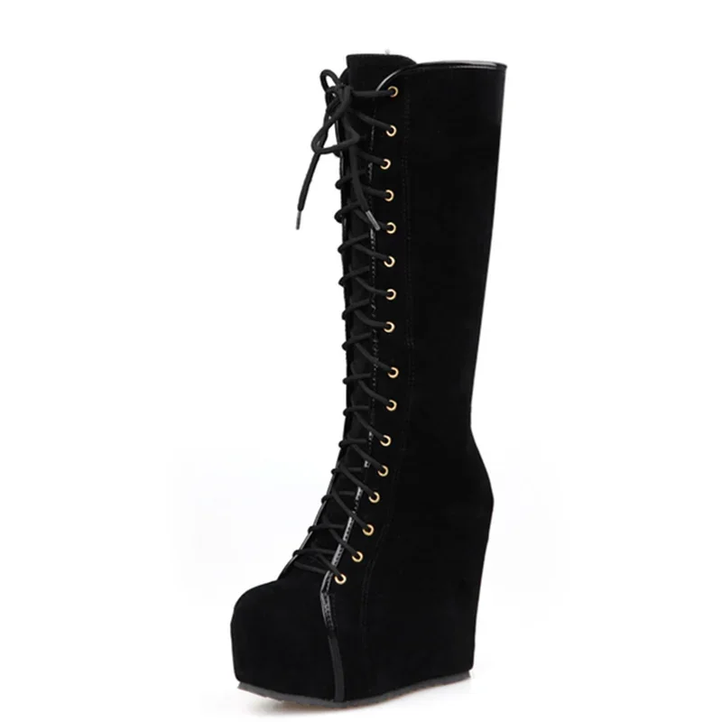 Fashion Knee High Boots Women Platform Sexy Wedge Heels Women's High Boots Lace-up Round Toe Black Dance Shoes For Girls - Image 2