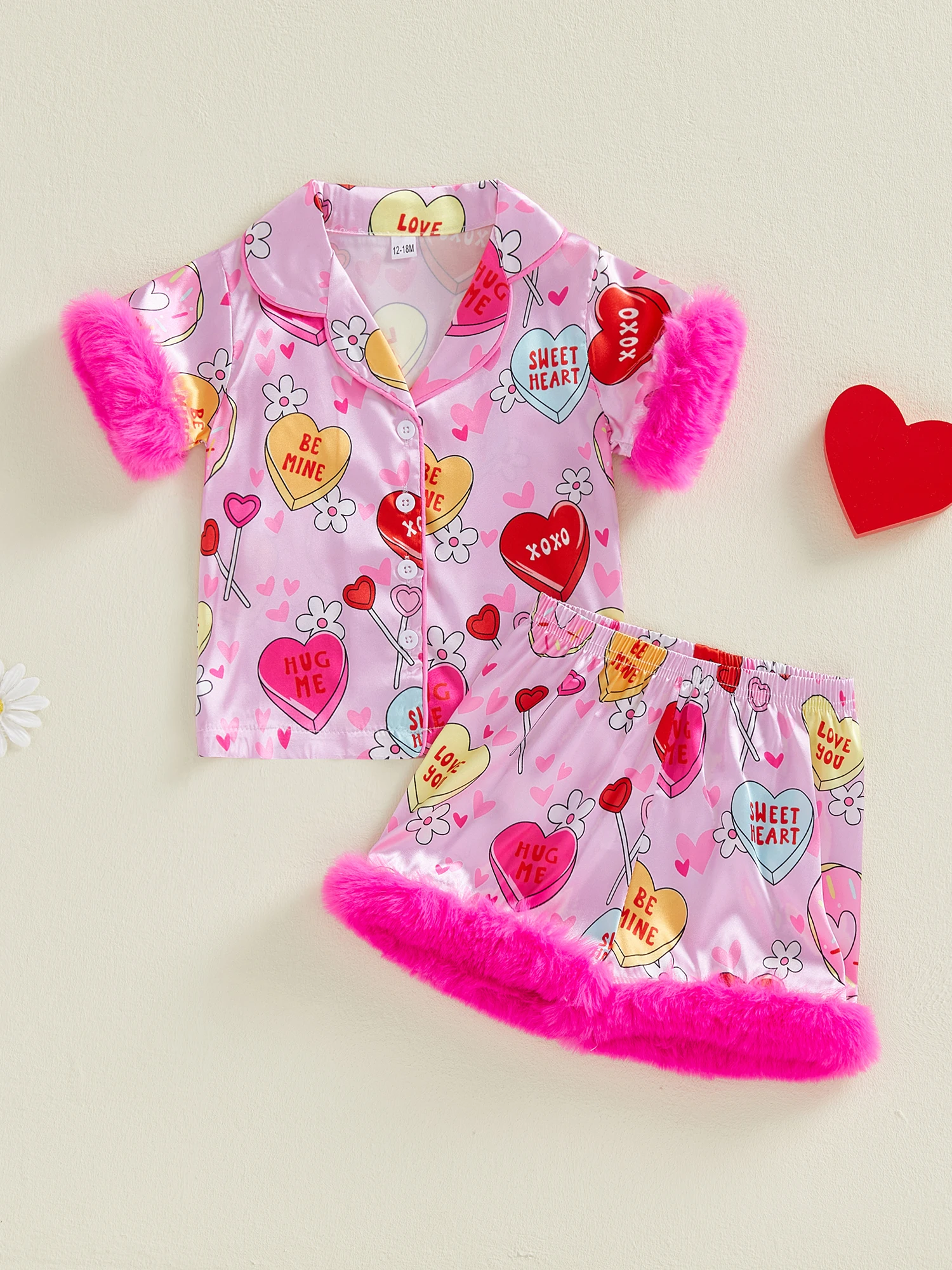 Adorable Toddler Girls Valentine s Day Pajama Set Featuring Cute Heart Print Stylish Lapel V-Neck and Cozy Shorts for a