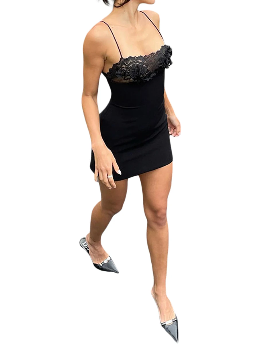 Elegant V-Neck Sleeveless Lace Patchwork Bodycon Mini Dress with Spaghetti Straps for Women Short Cocktail Party Dress