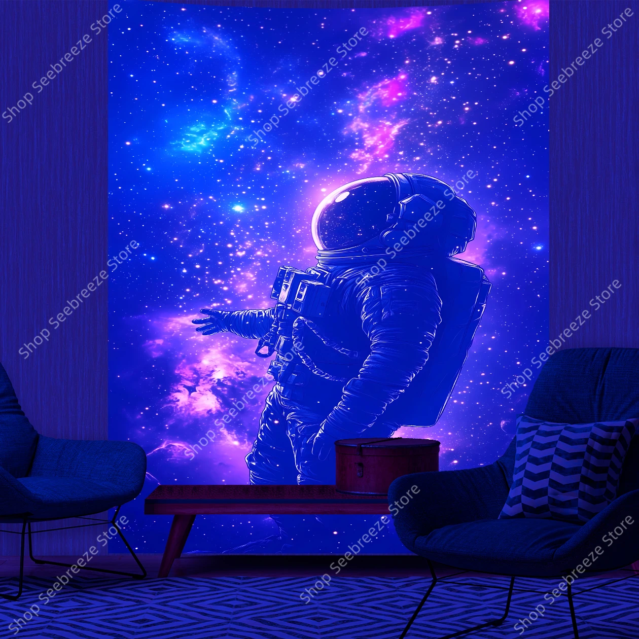 갤럭시 우주 UV 반응 태피스트리, 히피 우주 비행사, 네온 아트 태피스트리, 침실 미학, 기숙사 파티 장식, 벽걸이