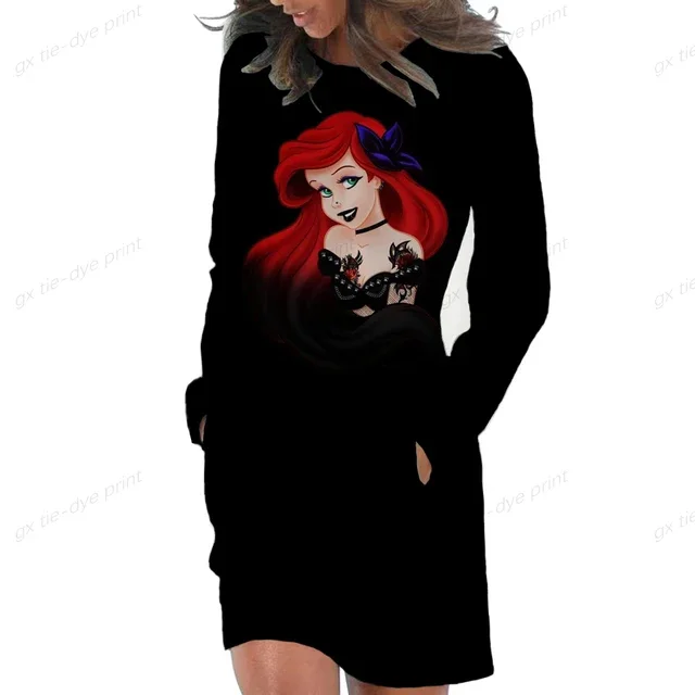 thumbnail image 1 of Vestido con capucha de princesa punk de Disney para mujer, vestido con bolsillos a la moda, minivestidos a la cadera para mujer, tallas grandes, 1 of 5