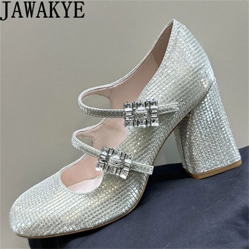 

2024 Summer Blingbling Rhinestone Chunky Heel Crystal Shoes For Women Square Buckle Mary Janes Fashion Party Pumps Shoes Femme